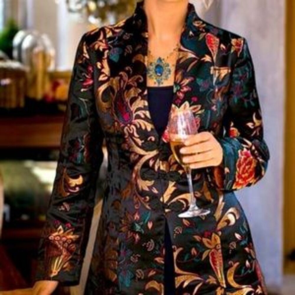 Soft Surroundings Black Satin Jacquard Moon Dynasty Kimono Jacket 1X